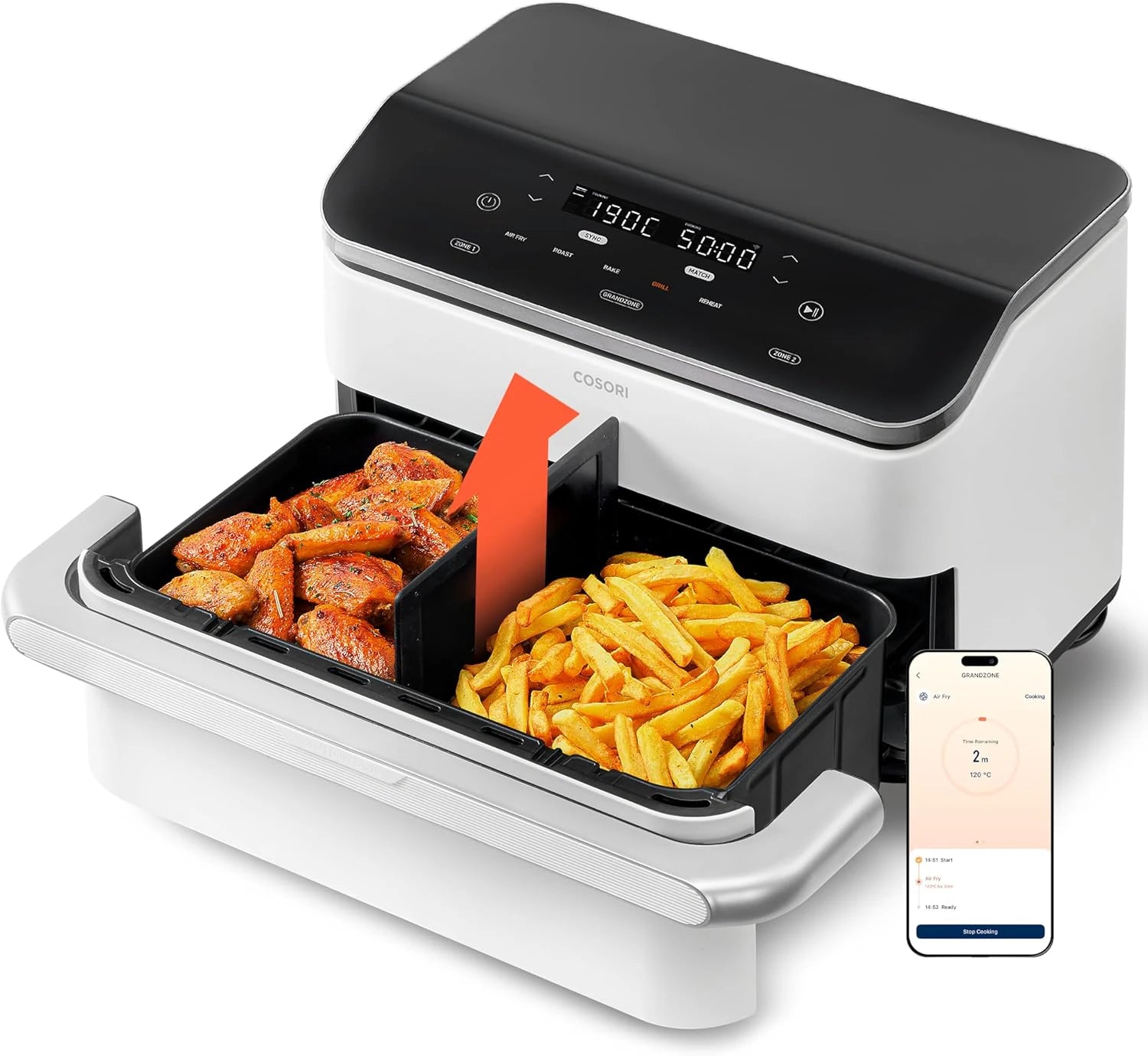 Аэрогриль 10 литров COSORI Dual Blaze TwinFry с 4 тэнами и гибкими камерами, Wi-Fi, белый цвет